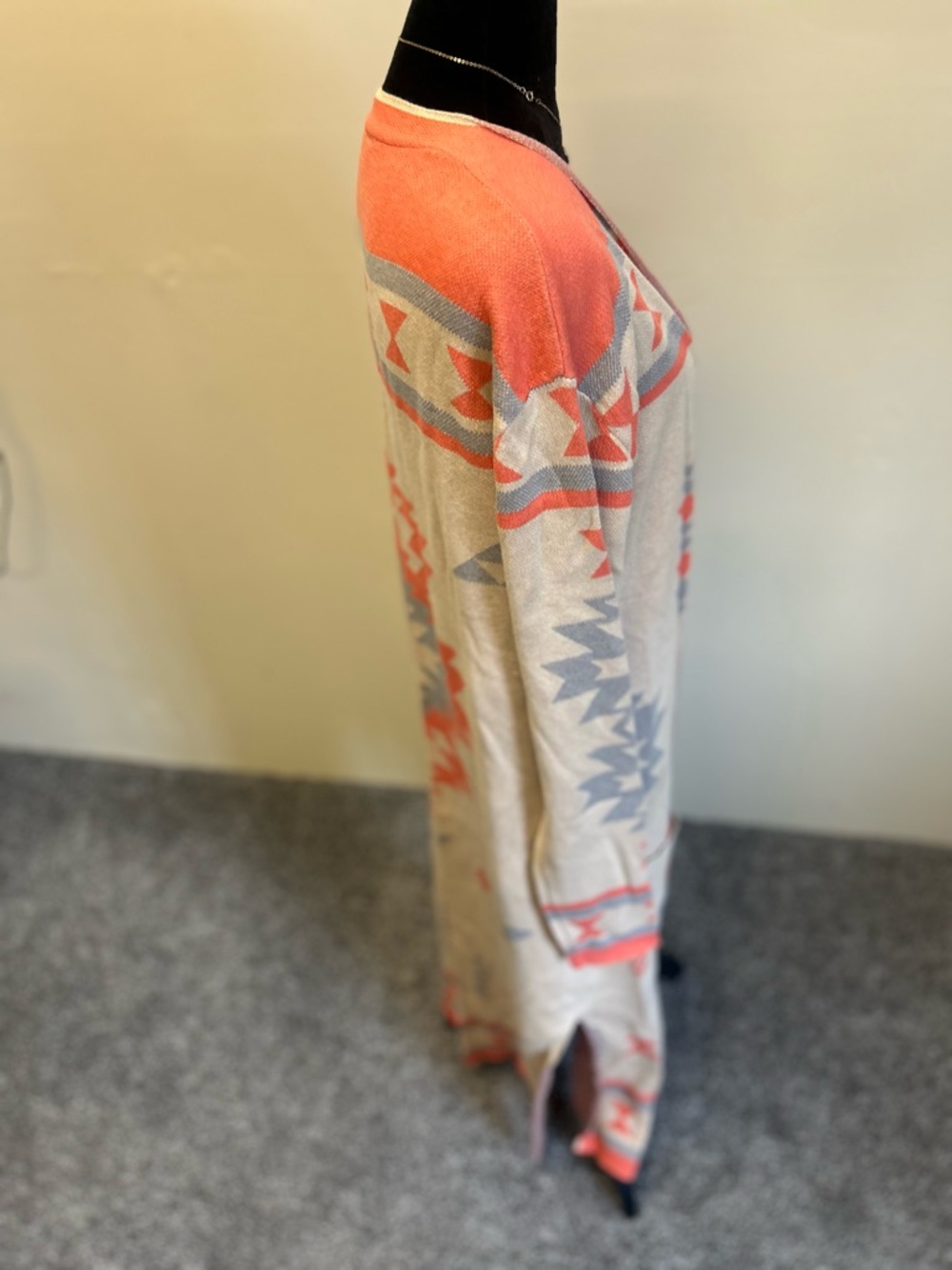 Open-Front Aztec Long Cardigan Sweater - Coral & Beige - Picture 3 of 7